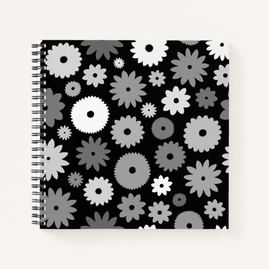 Monochrome Bloemen Groot Patroon Notitieboek (Voorkant)