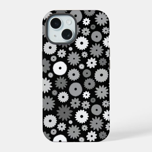 Monochrome Bloemen Herhalend Patroon iPhone 15 Case (Achterkant)