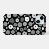 Monochrome Bloemen Herhalend Patroon iPhone 15 Case (Achterkant horizontaal)