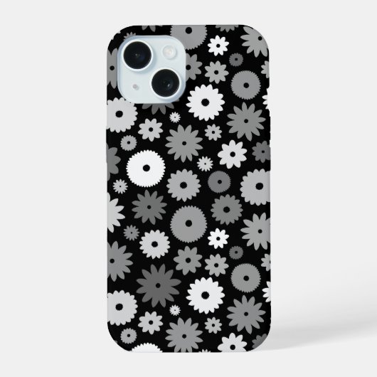 Monochrome Bloemen Herhalend Patroon iPhone 15 Case (Achterkant)