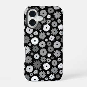 Monochrome Bloemen Herhalend Patroon iPhone 16 Hoesje