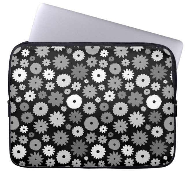 Monochrome Bloemen Herhalend Patroon Laptop Sleeve (Voorkant)