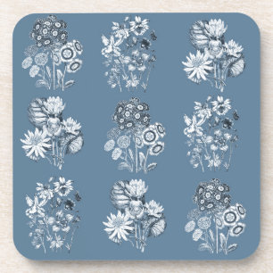 Monochrome bloemen in blauw bier onderzetter