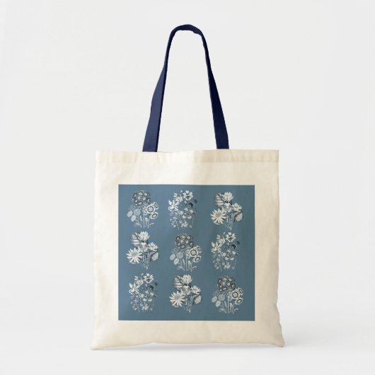 Monochrome bloemen in blauw tote bag (Voorkant)