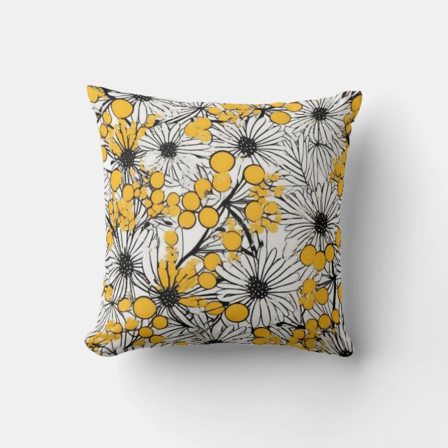 Monochrome bloemen: Mimosa en Daisy Fusion Kussen (Voorkant)