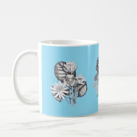 Monochrome bloemen op babyblauwe achtergrond koffiemok (Links)