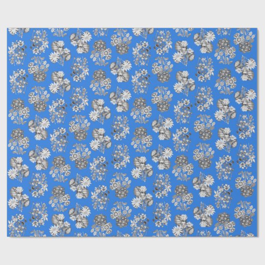 Monochrome bloemen op Bright Blue Ground Giftwrap Cadeaupapier (Vlak)