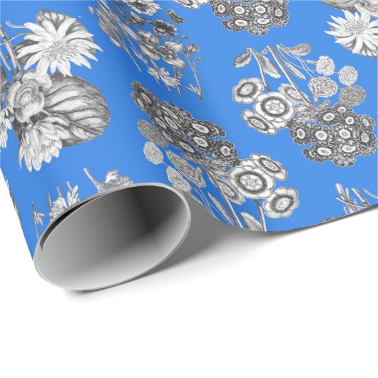 Monochrome bloemen op Bright Blue Ground Giftwrap Cadeaupapier (Rol Hoek)