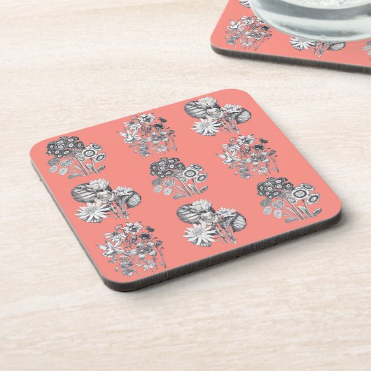 Monochrome bloemen op koraalachtergrond drankjes onderzetter (Linkerzijde)