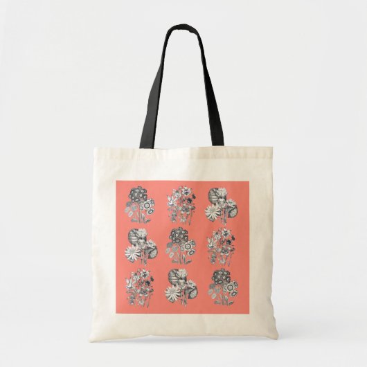 Monochrome bloemen op koraalachtergrond tote bag (Voorkant)