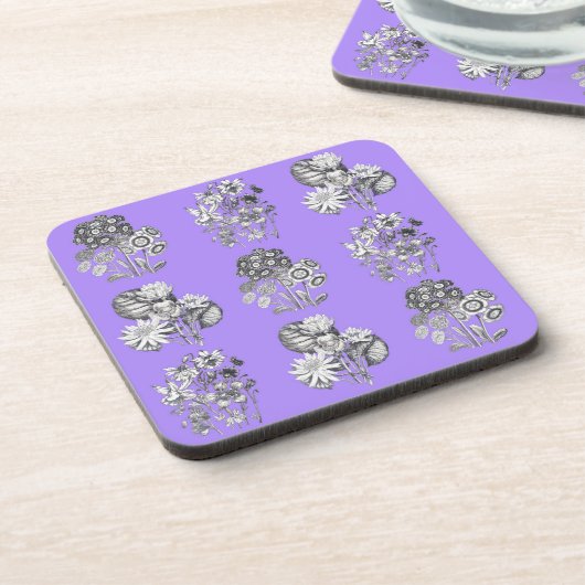 Monochrome bloemen op lila achtergrond bier onderzetter (Linkerzijde)