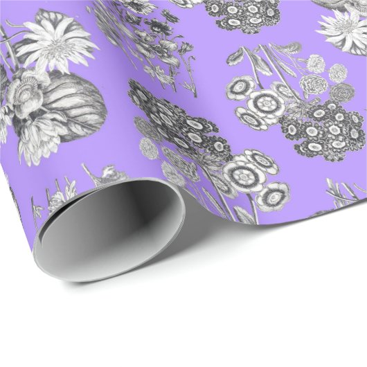 Monochrome bloemen op Lila achtergrond Giftwrap Cadeaupapier (Rol Hoek)