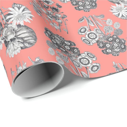 Monochrome bloemen op perzik achtergrond cadeaupapier (Rol Hoek)