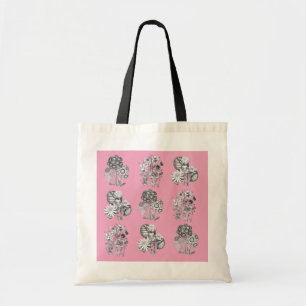 Monochrome bloemen op roze achtergrond tote bag