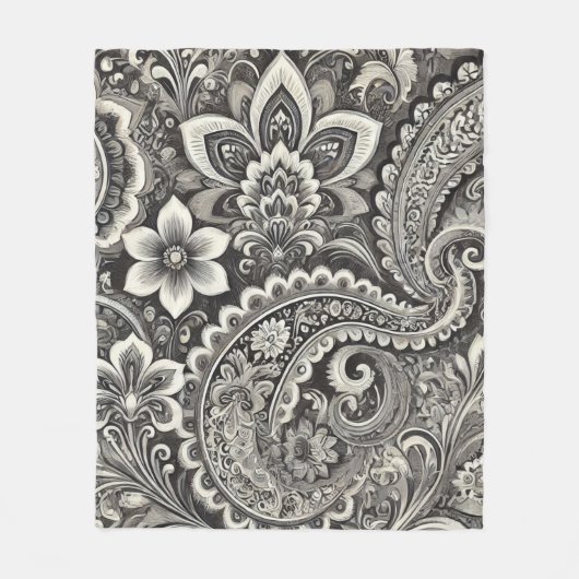 Monochrome Bloemen Paisley Zwart & Wit Fleece Deken (Voorkant)