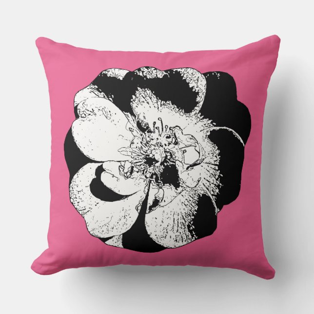 Monochrome Bloemen Sierkussen op Helder Roze (Voorkant)