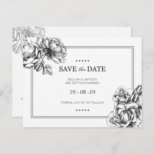 Monochrome bloemenbruiloft Bewaar de datum Briefka Aankondigingskaart (Voorkant / Achterkant)
