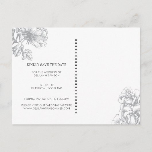 Monochrome bloemenbruiloft Bewaar de datum Briefka Aankondigingskaart (Achterkant)