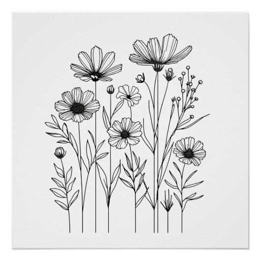 Monochrome Bloom Botanische Lijn Kunst Eenvoud Perfect Poster (Voorkant)