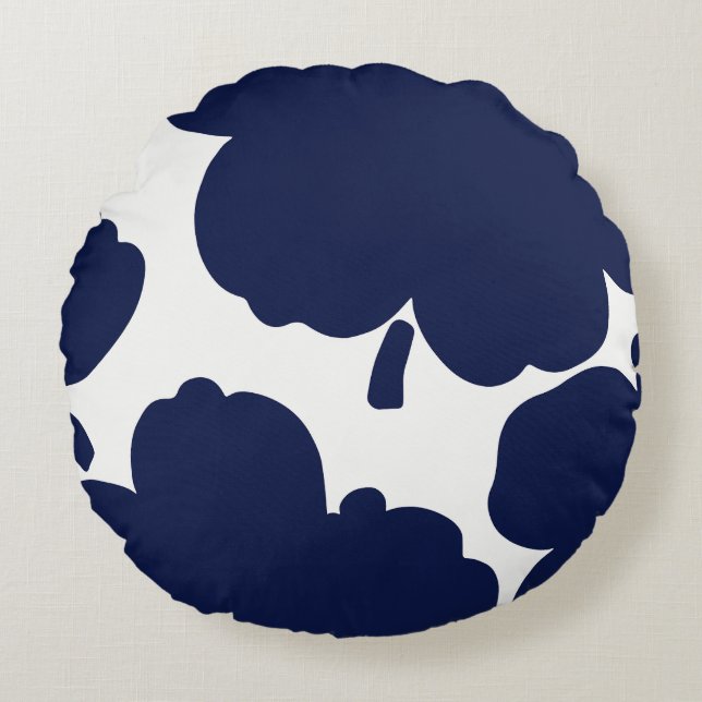 Monochrome Bloom Navy Rond Kussen (Voorkant)