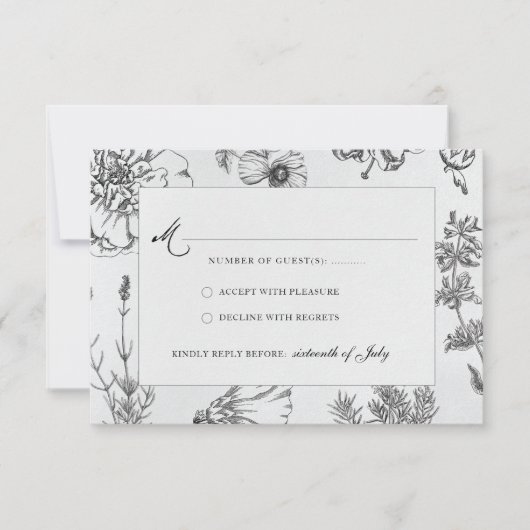  monochrome botanische bruiloft RSVP kaartje (Voorkant)
