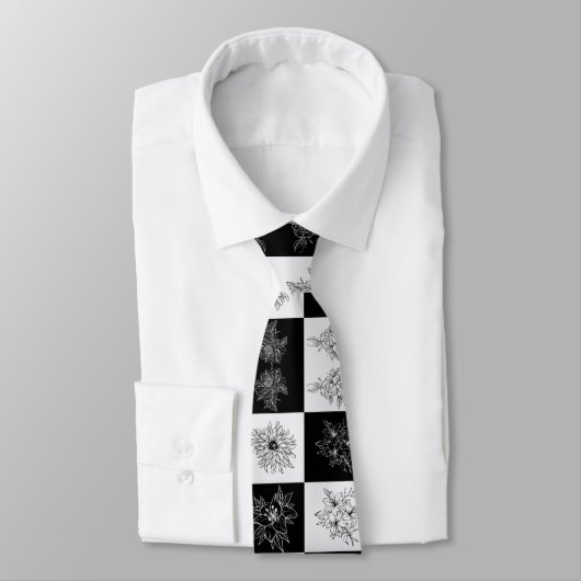 Monochrome checkboard FLowers Elegant patroon Stropdas (Gebonden)