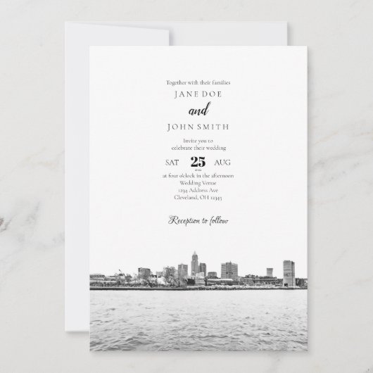 Monochrome Cleveland Skyline Wedding Invitation Kaart (Voorkant)