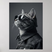 Monochrome Cool Cat in Denim Jacket Portrait Poster (Voorkant)