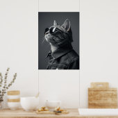 Monochrome Cool Cat in Denim Jacket Portrait Poster (Keuken)