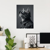Monochrome Cool Cat in Denim Jacket Portrait Poster (Thuiskantoor)