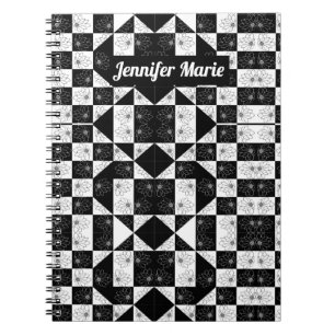 monochrome dambord florale driehoeken monogram notitieboek