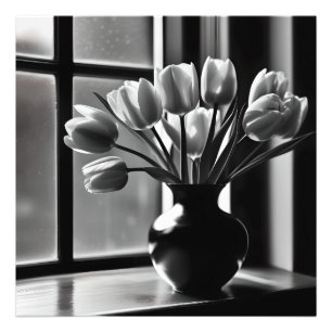 Monochrome elegantie: zwart witte tulp stilleven foto afdruk