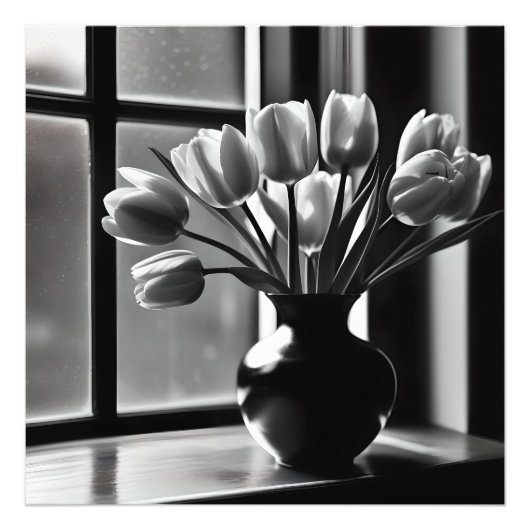 Monochrome elegantie: zwart witte tulp stilleven foto afdruk (Voorkant)