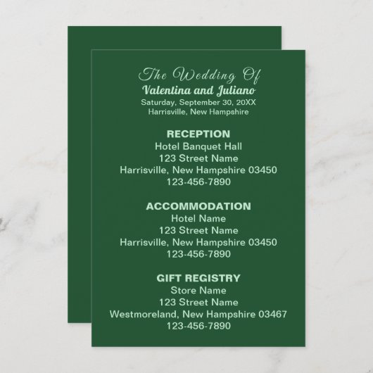 Monochrome Emerald Groene Huwelijksbijlage Kaart (Voorkant / Achterkant)