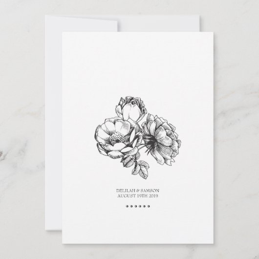 Monochrome geëtste bloemige Rozen bruiloft uitnodi Kaart (Achterkant)