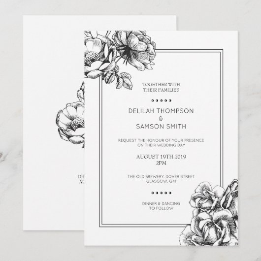 Monochrome geëtste bloemige Rozen bruiloft uitnodi Kaart (Voorkant / Achterkant)