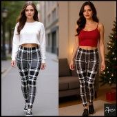 Monochrome Gray Black White Plaid Tartan Leggings