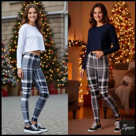 Monochrome Gray Black White Plaid Tartan Leggings