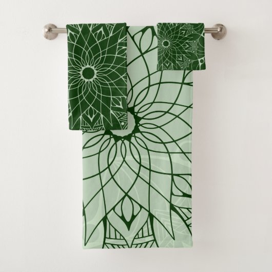 Monochrome Green Mandala Bath Towelset Bad Handdoek (Insitu)