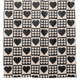 Monochrome Hearts Checkered Modern Shower Curtain Douchegordijn