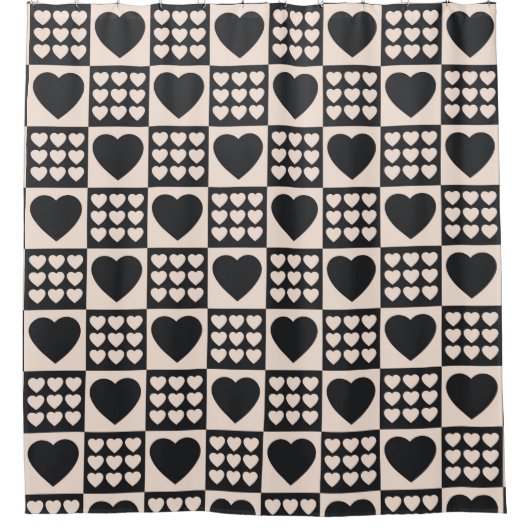 Monochrome Hearts Checkered Modern Shower Curtain Douchegordijn (Voorkant)