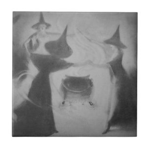 Monochrome heks nacht ketel spreuk magie tegeltje