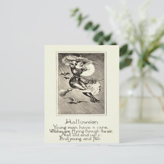 Monochrome heks Vliegende bezem Uil Bat Volle Maan Briefkaart (Staand voorkant)