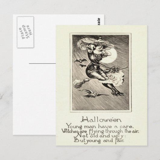 Monochrome heks Vliegende bezem Uil Bat Volle Maan Briefkaart (Voorkant / Achterkant)