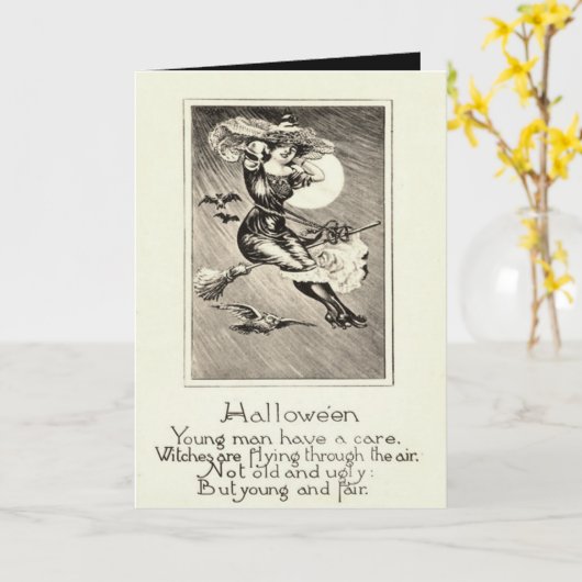 Monochrome heks Vliegende bezem Uil Bat Volle Maan Kaart (Gele Bloem)