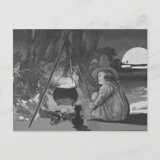 Monochrome heks zwarte kat ketel volle maan briefkaart (Voorkant)