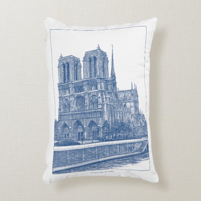 Monochrome Indigo Blauwe Retro Notre Dame de Paris Accent Kussen (Voorkant(Verticaal))