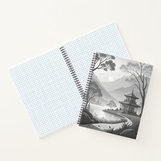 Monochrome Japanese Pavilion by Lakeside Path Notitieboek (Binnen)