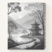 Monochrome Japanese Pavilion by Lakeside Path Notitieboek (Achterkant)
