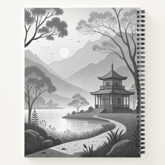 Monochrome Japanese Pavilion by Lakeside Path Notitieboek (Achterkant)